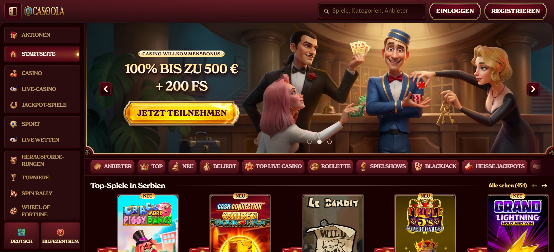 Startseite eines Casino ohne deutsche Lizenz mit Willkommensbonus 100% bis zu 500 € und 200 Freispiele, bunte Charaktere und Navigation für Slots, Live-Casinos ohne oasis und Sportwetten.